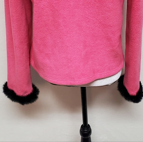 VINTAGE OOAK Upcycled Hot Pink Fleece Black Rabbit Fur Trim Full-zip Cardigan - Picture 13 of 16